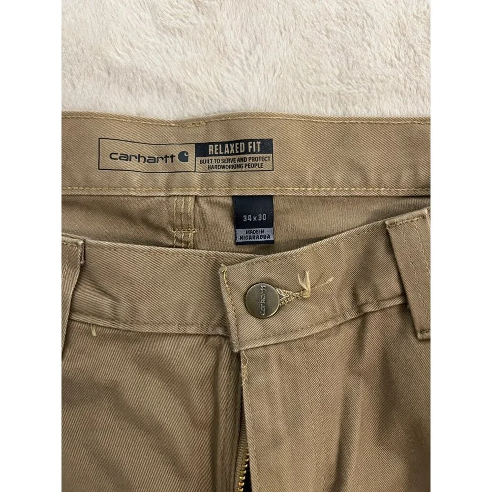 Carhartt Mens Relaxed Fit Twill Utility Work Pants 34x30 Durable Cotton Khaki Wi